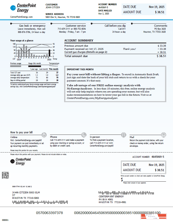 USA Center Point Energy utility bill template in Word and PDF formats